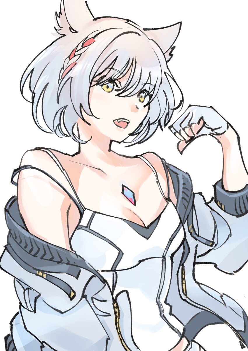 1girl animal_ear_fluff animal_ears bare_shoulders bob_cut braid breasts camisole cat_ears cat_girl chest_jewel cleavage collarbone commentary fingerless_gloves gloves grey_hair grey_jacket highres jacket midriff mio_(xenoblade) off_shoulder open_clothes open_jacket open_mouth paw_pose short_hair simple_background small_breasts solo strap_slip symbol-only_commentary teeth ug333333 upper_body upper_teeth_only white_background white_camisole white_gloves xenoblade_chronicles_(series) xenoblade_chronicles_3 yellow_eyes