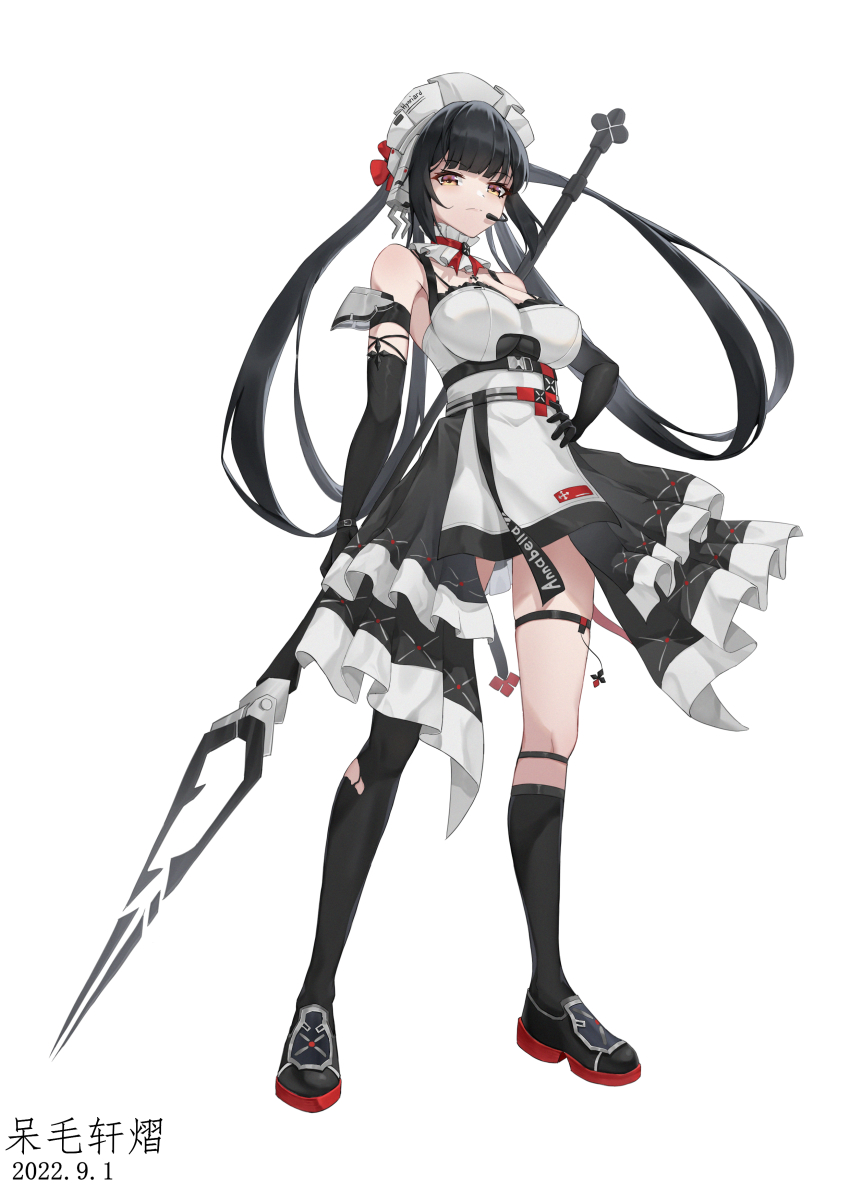 1girl absurdres annabella_(tower_of_fantasy) black_hair dai_mao_xuan_yi hand_on_own_hip highres maid maid_headdress simple_background thigh_strap tower_of_fantasy twintails white_background