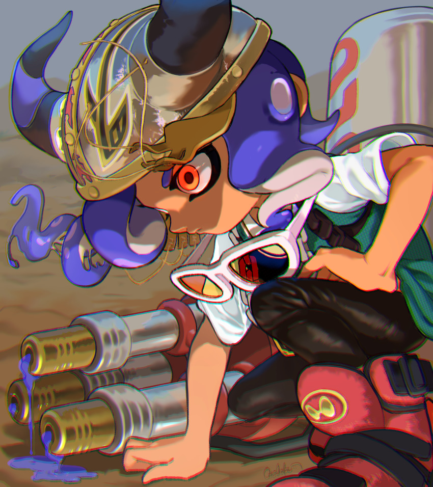 1girl absurdres arm_support black_leggings blue_hair chromatic_aberration closed_mouth dripping fake_horns full_body gatling_gun green_tank_top hand_on_own_leg helmet highres horned_helmet horns ink ink_tank_(splatoon) leggings long_hair looking_to_the_side minigun nintendo octoling octoling_girl octoling_player_character orange_eyes otoboke-san outdoors red_footwear shirt shoes short_sleeves signature sneakers solo splatoon_(series) tank_top tentacle_hair unworn_eyewear white-framed_eyewear white_shirt