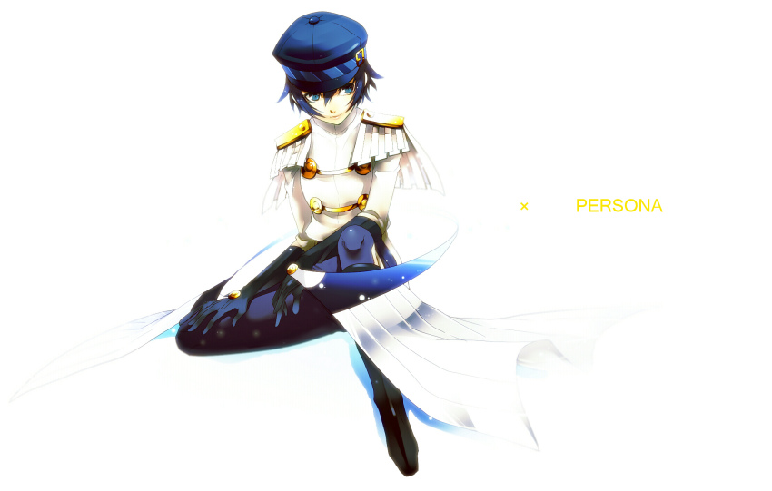 1girl androgynous atlus bad_id bad_pixiv_id blue_eyes blue_hair boots cabbie_hat cosplay crossdressing epaulettes female_focus formal_clothes fusuma_(not_found) gloves hat highres looking_away matching_hair/eyes pants persona persona_4 reverse_trap shirogane_naoto short_hair sitting smile solo yamato_takeru_(persona) yamato_takeru_(persona)_(cosplay)