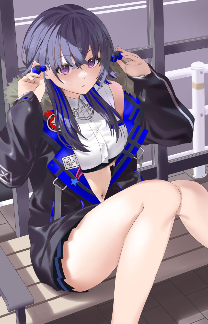 1girl absurdres bench black_hair black_jacket black_skirt blue_hair breasts collared_shirt crop_top cropped_shirt crossed_bangs earbuds earphones fur-trimmed_jacket fur_trim hair_between_eyes highres ichinose_uruha ichinose_uruha_(4th_costume) jacket long_hair long_sleeves looking_at_viewer medium_breasts miniskirt mosamune multicolored_hair navel off_shoulder open_clothes open_jacket outdoors parted_lips pleated_skirt purple_eyes removing_earbuds shirt sitting skirt sleeveless sleeveless_shirt solo streaked_hair thighs virtual_youtuber vspo! white_shirt wolf_cut