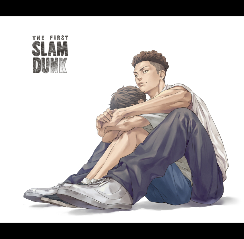 brown_hair child closed_mouth copyright_name earrings grey_pants highres hug jewelry letterboxed miyagi_ryouta pants pompadour shirt shoes short_hair sitting slam_dunk_(series) smile sneakers stud_earrings talgi undercut white_background white_footwear white_shirt