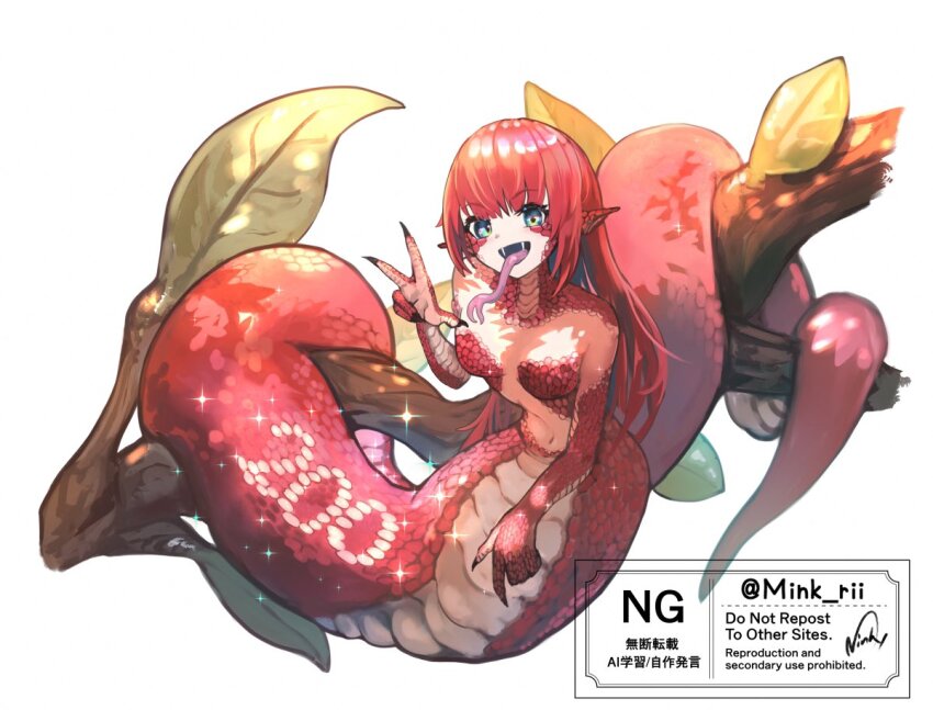 1girl blue_eyes branch breasts claws commentary_request fangs forked_tongue full_body lamia long_hair looking_at_viewer milestone_celebration mini_person minigirl minksama monster_girl original pointy_ears red_hair red_scales simple_background small_breasts solo tongue tongue_out v very_long_hair white_background