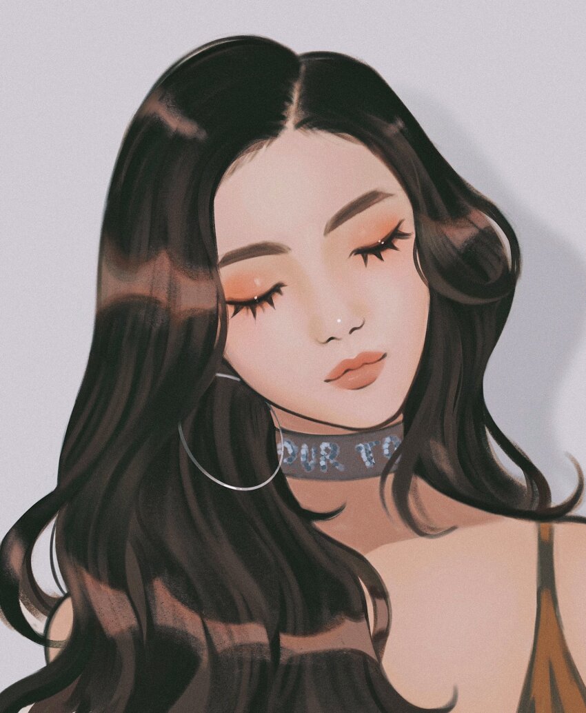 1girl brown_hair choker closed_mouth commentary dress earrings eyelashes eyeshadow gittanart highres hoop_earrings jewelry joy_(red_velvet) k-pop long_hair makeup orange_lips pink_lips real_life red_velvet_(group) shadow sleeveless sleeveless_dress solo upper_body