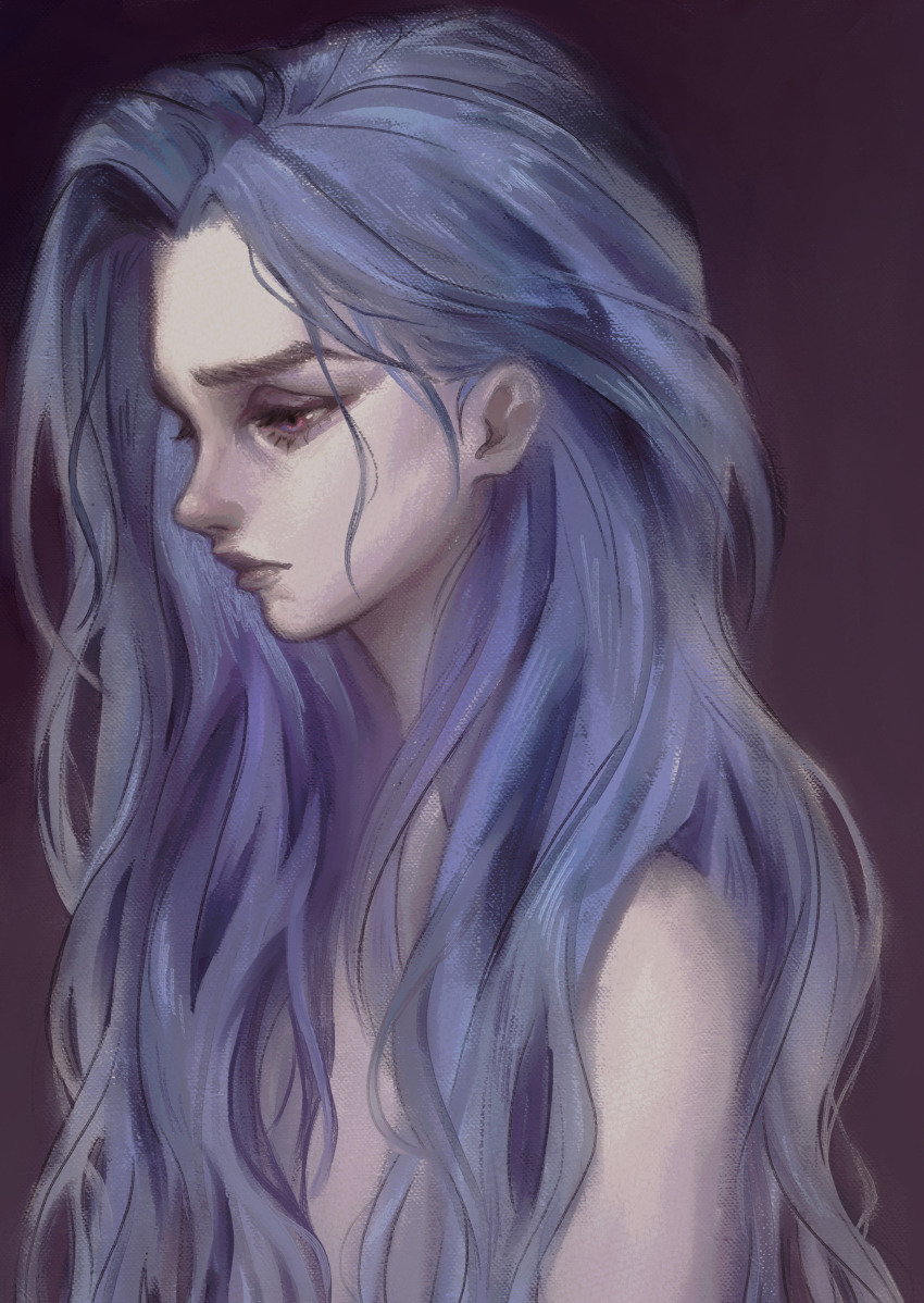 1girl absurdres alternate_hairstyle arcane:_league_of_legends blue_hair highres jinx_(league_of_legends) league_of_legends long_hair mina_(minalaifey) pale_skin purple_background purple_eyes solo upper_body