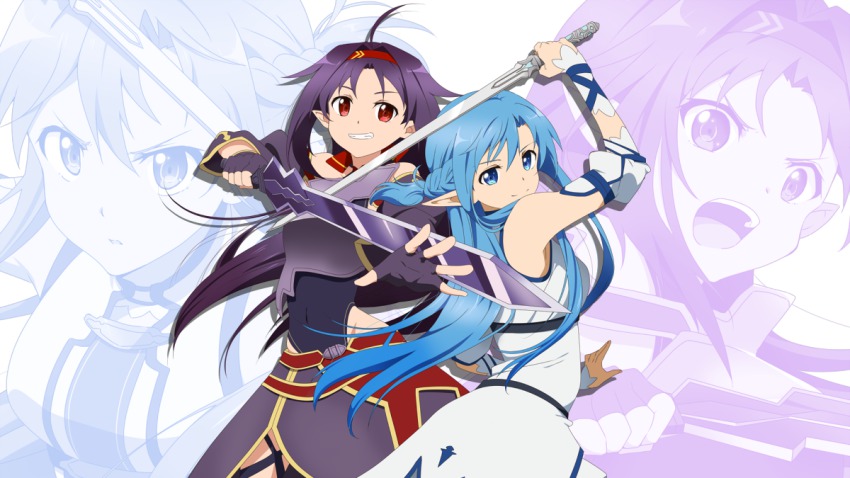 10s 2girls armor asuna_(sao) asuna_(sao-alo) blue_eyes blue_hair breastplate fingerless_gloves gloves hairband leotard long_hair multiple_girls pointy_ears purple_hair red_eyes rumia_(compacthuman) skirt sword sword_art_online weapon yuuki_(sao) zoom_layer