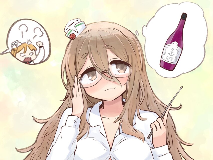 2girls anger_vein bespectacled blonde_hair blush bottle breasts brown_eyes brown_hair closed_mouth collared_shirt commentary_request glasses hair_between_eyes hat holding kantai_collection kirigaya_yuuji long_hair long_sleeves mini_hat multiple_girls open_mouth pola_(kancolle) puff_of_air shirt simple_background solo_focus speech_bubble thought_bubble upper_body white_shirt wine_bottle zara_(kancolle)