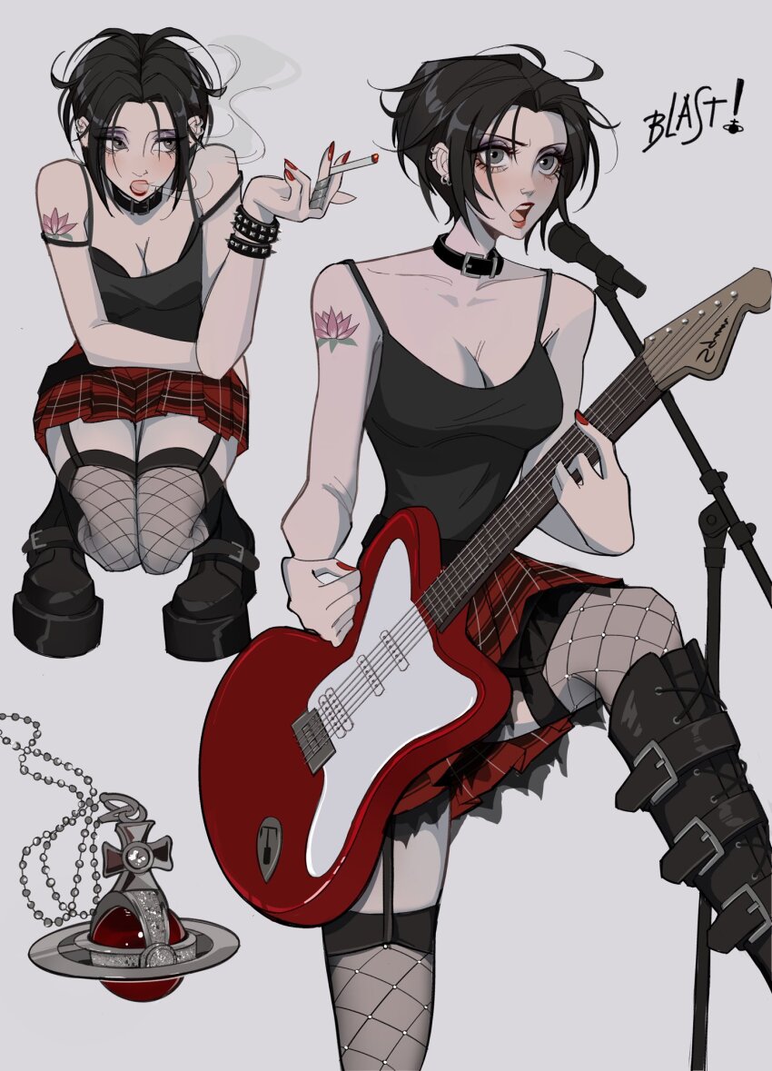 1girl black_bra black_footwear black_hair black_tank_top black_thighhighs boots bra breasts cigarette cleavage fishnet_thighhighs fishnets flower flower_tattoo full_body garter_straps grey_eyes guitar highres holding holding_cigarette instrument jewelry knee_boots large_breasts lipstick lotus makeup medium_breasts microphone microphone_stand miniskirt music nail_polish nana_(series) necklace osaki_nana plaid_clothes plaid_skirt pleated_skirt red_lips red_nails red_skirt shmalloe short_hair shoulder_tattoo simple_background singing skirt smoking solo strap_slip tank_top tattoo thighhighs underwear white_background