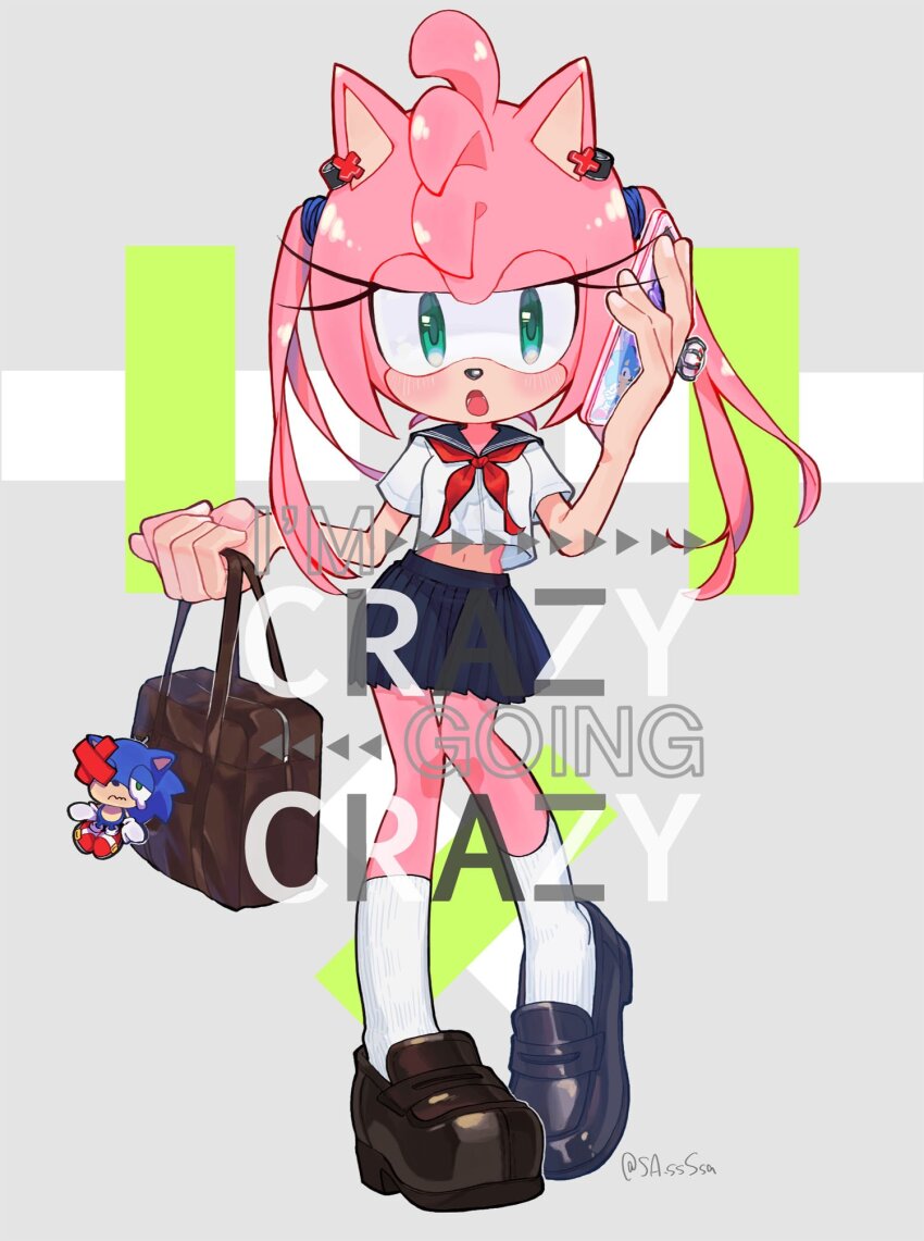 1girl :o alternate_costume amy_rose animal_ears animal_nose annoyed bag blue_skirt brown_bag character_doll furry furry_female green_eyes grey_background hair_ornament hedgehog_girl highres holding holding_bag holding_phone konjiki_ringo necktie phone pink_fur pink_hair red_necktie school_uniform simple_background skirt socks solo_focus sonic_(series) sonic_the_hedgehog twintails white_socks x_hair_ornament