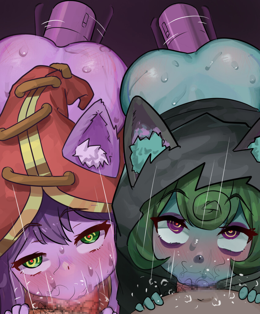 2boys 2girls :&gt;= @_@ all_fours animal_ears black_hoodie blush censored colored_skin dildo dot_nose eyebrows eyelashes eyeshadow fellatio from_above gradient_background green_eyes green_hair green_skin hat hetero highres hood hood_up hoodie interspecies league_of_legends long_hair long_sleeves looking_at_viewer looking_up lulu_(league_of_legends) makeup mimizuki90 mind_control mosaic_censoring motion_lines multiple_boys multiple_girls nude oral pink_skin pov pov_crotch purple_background purple_eyes purple_eyeshadow purple_hair red_hat sex_toy shortstack simple_background two-tone_hat vex_(league_of_legends) yellow_hat yordle