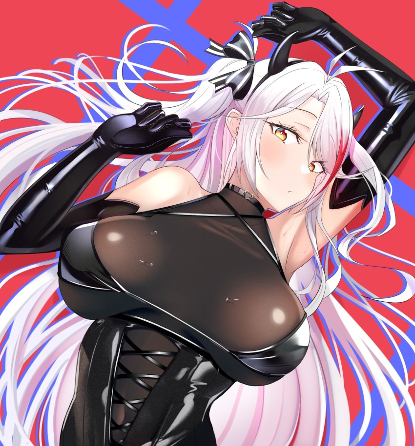 1girl artist_request azur_lane bare_shoulders black_bow black_bra black_choker black_gloves bodystocking bow bra breasts breasts_apart choker cleavage criss-cross_halter elbow_gloves fake_horns gloves halterneck highres horns large_breasts leather leather_gloves long_hair looking_at_viewer lying multi-strapped_bra multicolored_hair on_back orange_eyes prinz_eugen_(azur_lane) red_hair sleeveless solo streaked_hair two-tone_hair underwear upper_body very_long_hair white_hair