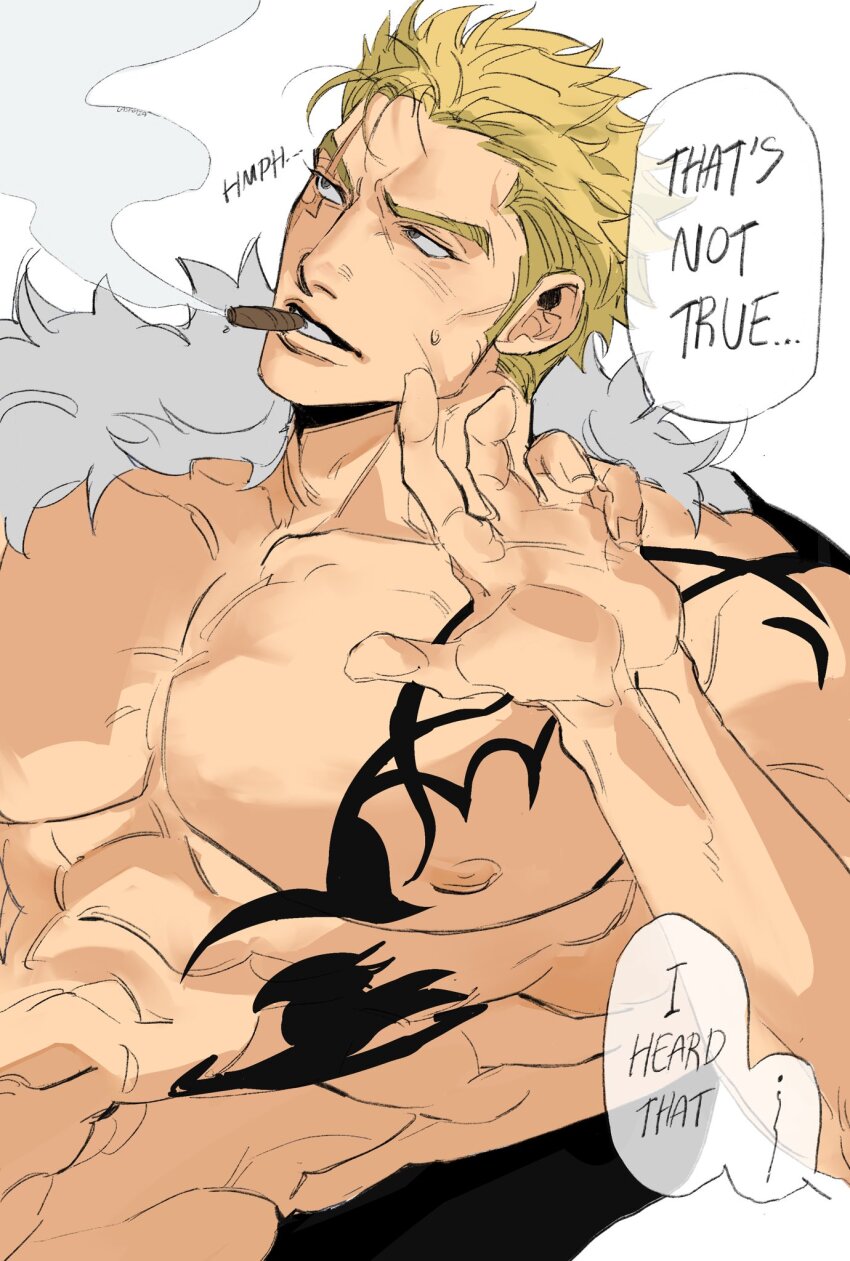 1boy abs bara blonde_hair chest_tattoo cigar commentary english_commentary fairy_tail fur_trim hannacott_la highres large_pectorals laxus_dreyar male_focus muscular muscular_male nipples pectorals scar scar_on_face sideburns smoke smoking speech_bubble tattoo topless_male upper_body