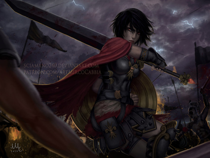 1girl armor armored_boots artist_name bellona_(smite) belt black_hair boots cloud cloudy_sky dated electricity faceless faceless_male female_focus fire flag fur_trim red_eyes sciamano240 shield sky smite solo solo_focus sword watermark weapon web_address