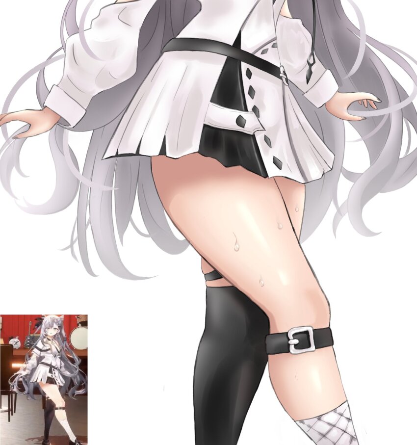 1girl dress grey_hair highres hololive hololive_indonesia long_hair long_sleeves oredama photo-referenced reference_inset simple_background single_thighhigh strap sweat thigh_focus thighhighs thighs vestia_zeta vestia_zeta_(1st_costume) virtual_youtuber white_background white_hair