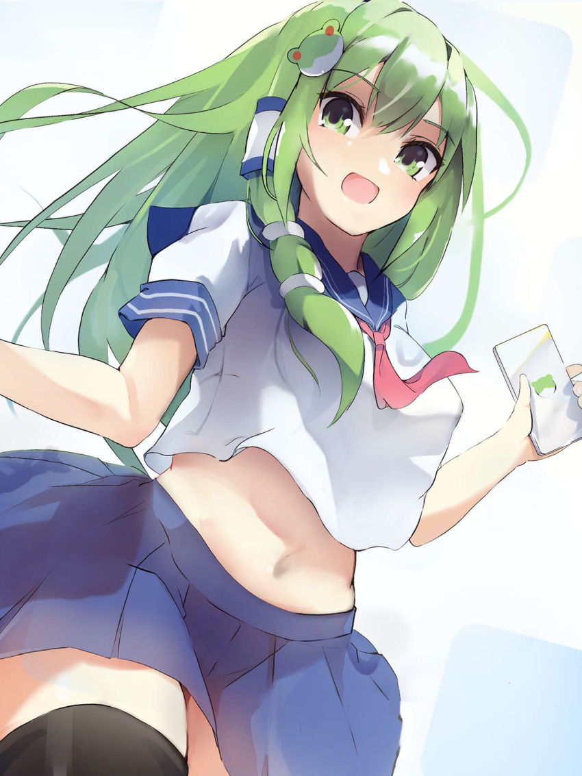 1girl alternate_costume black_thighhighs blue_sailor_collar blue_skirt cellphone commentary cowboy_shot crop_top cropped_shirt frog_hair_ornament green_eyes green_hair hair_between_eyes hair_ornament hair_tubes highres holding holding_phone kochiya_sanae long_hair looking_at_viewer midriff mikan923 miniskirt navel neckerchief open_mouth phone pink_neckerchief pleated_skirt sailor_collar school_uniform serafuku shirt short_sleeves single_hair_tube skirt smartphone smile snake_hair_ornament solo standing thighhighs touhou white_shirt zettai_ryouiki