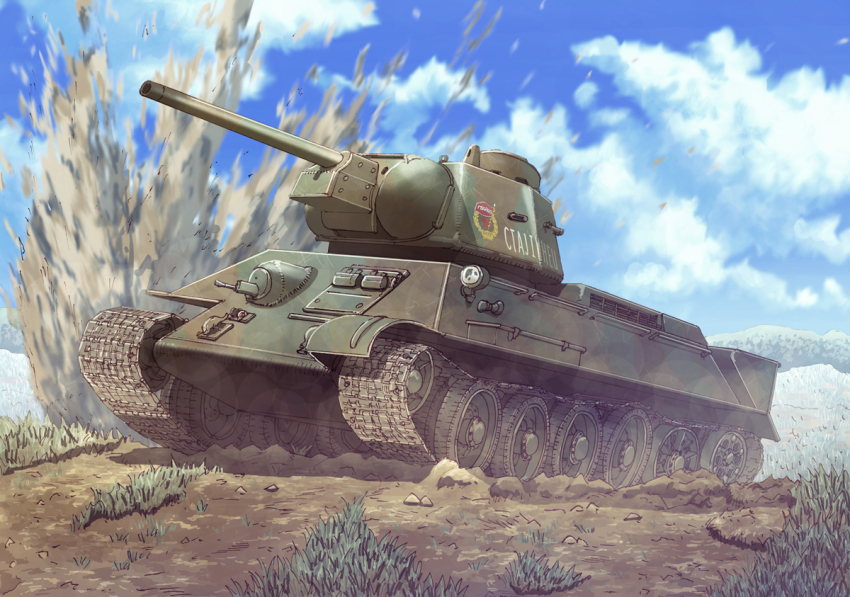 battle blue_sky bush caterpillar_tracks cloud day desert earasensha explosion military military_vehicle motor_vehicle mud no_humans original outdoors rock sky t-34 t34/76 tank vehicle vehicle_focus world_war_ii