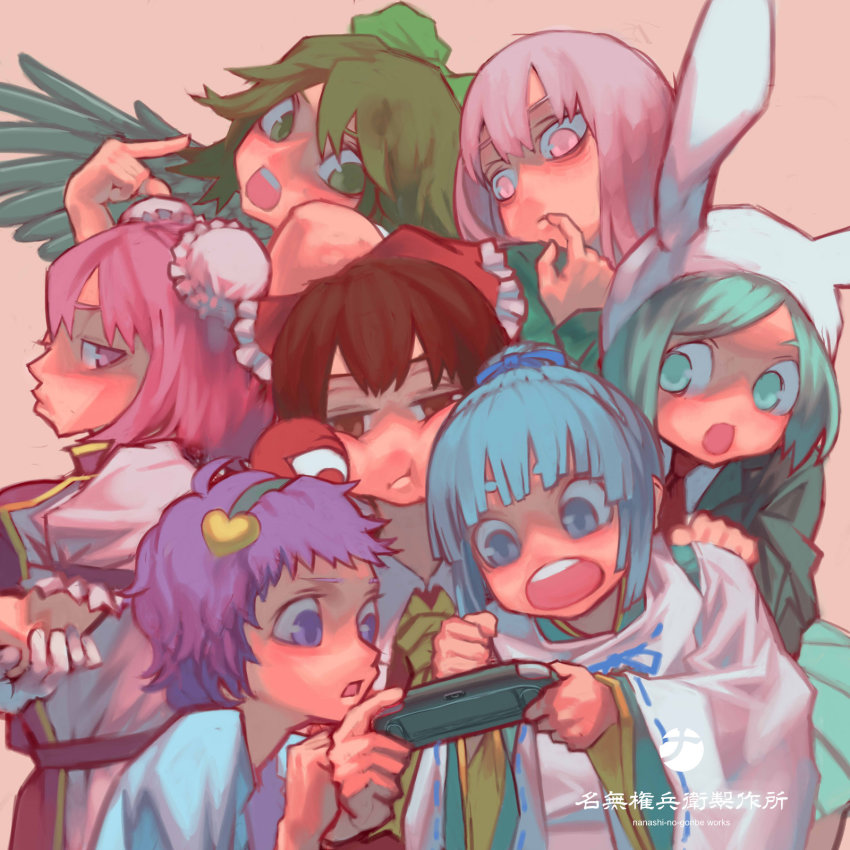 6+girls alternate_eye_color alternate_hair_color animal_ears aqua_eyes aqua_hair blue_eyes blue_hair brown_eyes brown_hair bun_cover double_bun eyeball green_eyes green_hair hair_bun hair_ornament hair_ribbon hairband hakurei_reimu handheld_game_console hat hata_no_kokoro highres ibaraki_kasen komeiji_satori long_hair long_sleeves looking_down mononobe_no_futo multiple_girls nanashi_(otaku_rock_n_roll) open_mouth pink_eyes pink_hair playstation_portable playstation_vita ponytail profile puffy_sleeves purple_eyes purple_hair rabbit_ears reisen reiuji_utsuho ribbon short_hair short_sleeves simple_background single_hair_bun text_focus third_eye touhou wide_sleeves wings