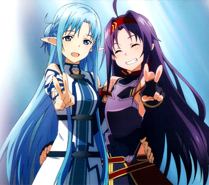 2girls ahoge album_cover armor artist_request asuna_(sao) bare_shoulders belt blue_hair body_armor breastplate breasts closed_eyes cover dress elf fingerless_gloves gloves grin headband highres leotard long_hair multiple_girls official_art open_mouth pointy_ears purple_armor purple_gloves purple_hair purple_leotard red_belt red_headband scan small_breasts smile sword_art_online third-party_source v very_long_hair white_dress yuuki_(sao)