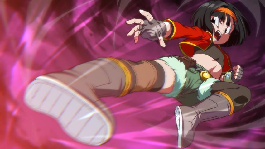 1girl black_gloves black_hair black_shirt black_thighhighs boots cropped_jacket cropped_shirt dragon_ball dragon_ball_heroes fingerless_gloves gloves green_shorts grey_gloves headband imminent_kick incoming_kick jacket kicking midriff open_mouth orange_headband pan_(dragon_ball) pan_(xeno) pouch red_jacket rom_(20) shirt short_hair short_shorts shorts solo thighhighs