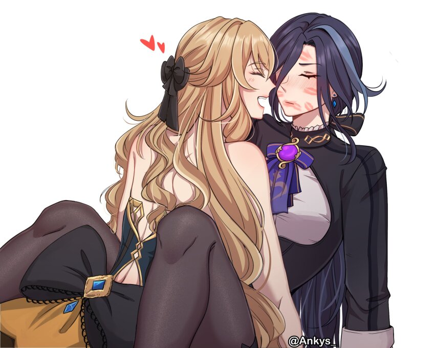 2girls ankie_(ankys_) artist_name back back_bow bare_back bare_shoulders black_bow black_jacket blonde_hair blue_corset blue_gemstone blue_hair blush bow bowtie breasts brown_pantyhose clorinde_(genshin_impact) closed_eyes closed_mouth commentary corset crystal_earrings drill_hair drill_sidelocks earrings english_commentary gem genshin_impact gold_trim hair_between_eyes hair_bow heart highres implied_after_kiss jacket jewelry large_breasts lips lipstick_mark lipstick_mark_on_face long_hair long_sleeves makeup multicolored_hair multiple_girls navia_(genshin_impact) no_headwear open_clothes open_jacket open_mouth pantyhose pink_lips ponytail purple_bow purple_bowtie purple_gemstone purple_hair shirt sidelocks simple_background single_earring sitting smile streaked_hair teeth vision_(genshin_impact) wavy_hair white_background white_shirt yuri