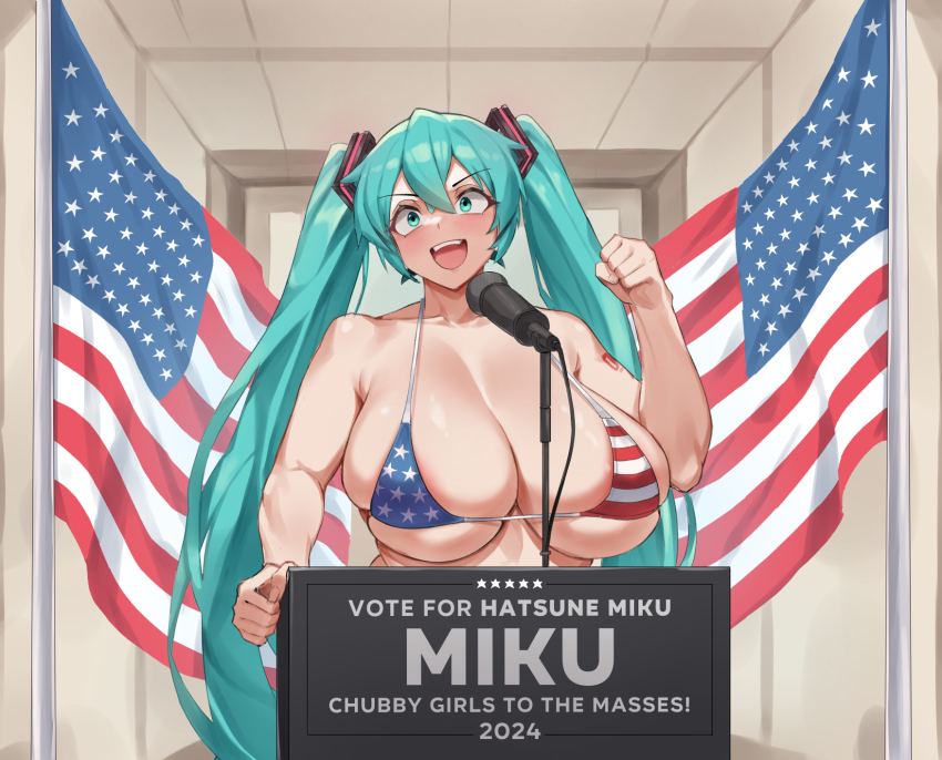 1girl :d alternate_costume american_flag american_flag_bikini american_flag_print aqua_eyes aqua_hair areola_slip bikini blush breasts character_name cleavage english_text flag_print hatsune_miku highres huge_breasts long_hair looking_at_viewer micro_bikini microphone mustblove open_mouth parody print_bikini print_swimsuit skindentation smile solo string_bikini striped_bikini striped_clothes swimsuit twintails upper_body very_long_hair vocaloid