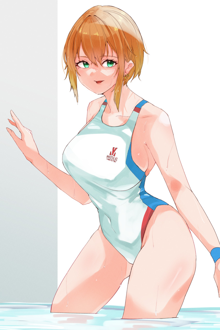 1girl absurdres aqua_eyes bare_shoulders blonde_hair breasts collarbone commentary_request covered_navel cowboy_shot ear_piercing goddess_of_victory:_nikke hair_between_eyes highres large_breasts light_blush looking_at_viewer maxwell_(nikke) multiple_piercings ninchan one-piece_swimsuit open_mouth piercing short_hair short_hair_with_long_locks sidelocks smile solo standing swimsuit wading water white_one-piece_swimsuit