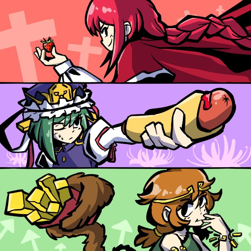 3girls arrow_(symbol) braid brown_hair capelet circlet cross dress flower food french_fries fruit green_dress green_hair hair_ornament hat highres holding holding_food hot_dog juliet_sleeves long_hair long_sleeves low_twintails monkey_tail multiple_girls okazaki_yumemi one_eye_closed oysterfried phantasmagoria_of_dim.dream phantasmagoria_of_flower_view prehensile_tail puffy_long_sleeves puffy_sleeves red_hair ribbon shiki_eiki shirt short_hair single-shoulder_dress skirt sleeveless sleeveless_shirt smile son_biten strawberry tail touhou touhou_(pc-98) twintails unfinished_dream_of_all_living_ghost vest