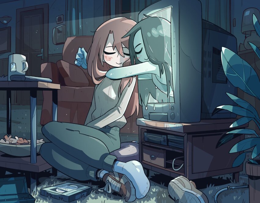 2girls carles_dalmau closed_eyes ghost highres hug multiple_girls night original room television