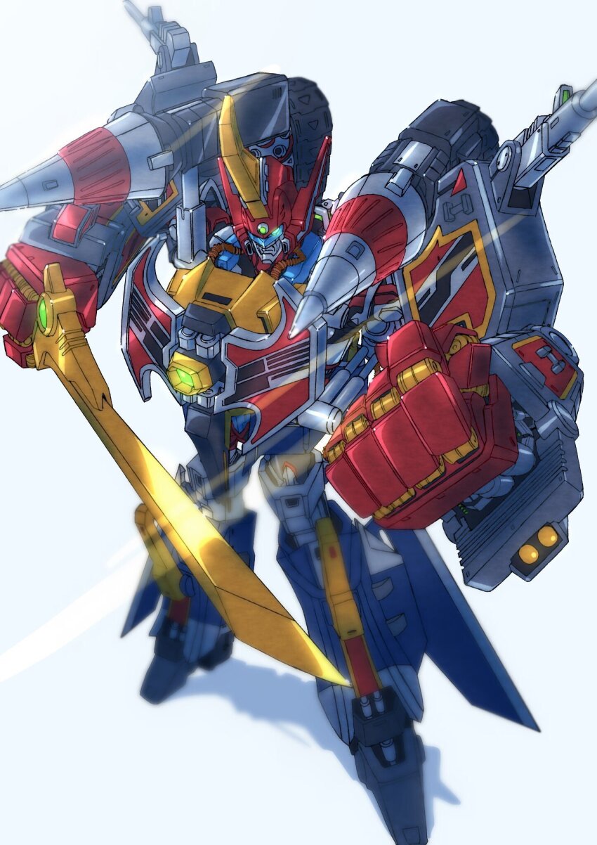 armor assault_visor cannon drill drill_tank full_powered_gridman glowing glowing_eye gridman_universe helmet highres holding holding_sword holding_weapon horns mecha no_humans ontama robot science_fiction shoulder_cannon ssss.gridman standing super_robot sword weapon