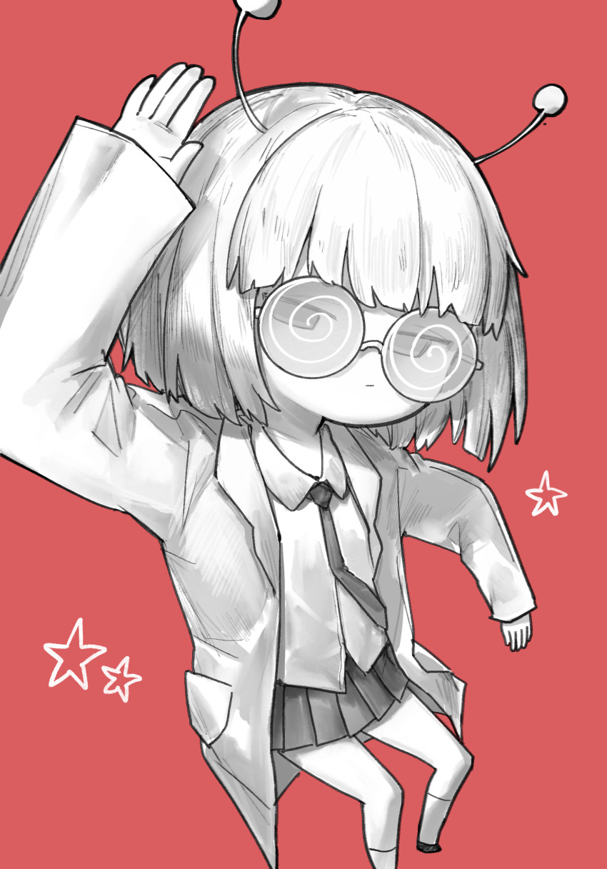 132_(bb32768) 1girl andromedako antennae blunt_bangs bob_cut closed_mouth coke-bottle_glasses dance_robot_dance_(vocaloid) dancing glasses highres lab_coat looking_at_viewer nayutalien nayutan_sei_kara_no_buttai necktie pleated_skirt red_background school_uniform shirt short_hair simple_background skirt socks solo star_(symbol)