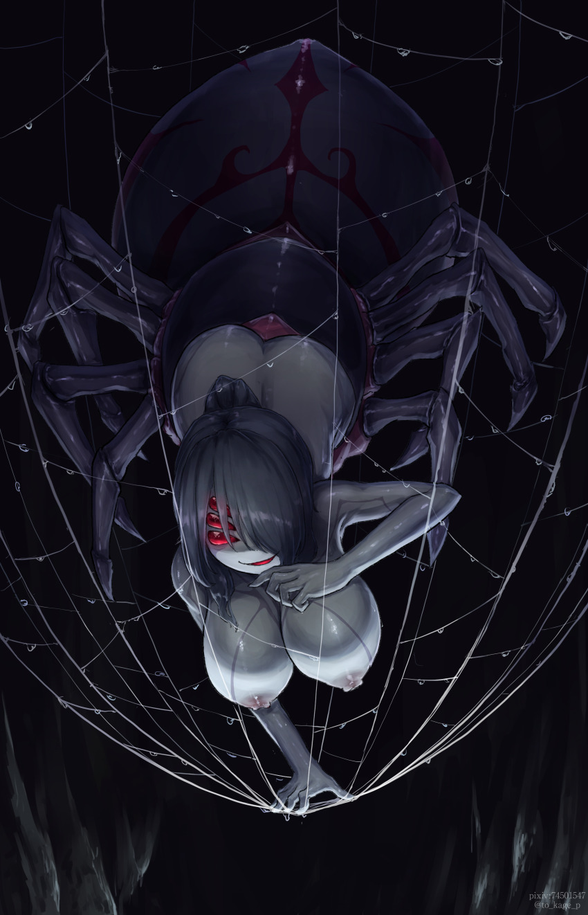 1girl absurdres arachne arachne_lord arthropod_girl ass black_hair breasts colored_skin extra_eyes full_body grey_skin hair_over_one_eye hanging_breasts highres insect_girl large_breasts looking_at_viewer medium_hair mon-musu_quest! monster_girl nipples no_pupils red_eyes shiny_skin silk smile solo spider_girl spider_web taur to_kage_p twitter_username watermark wet