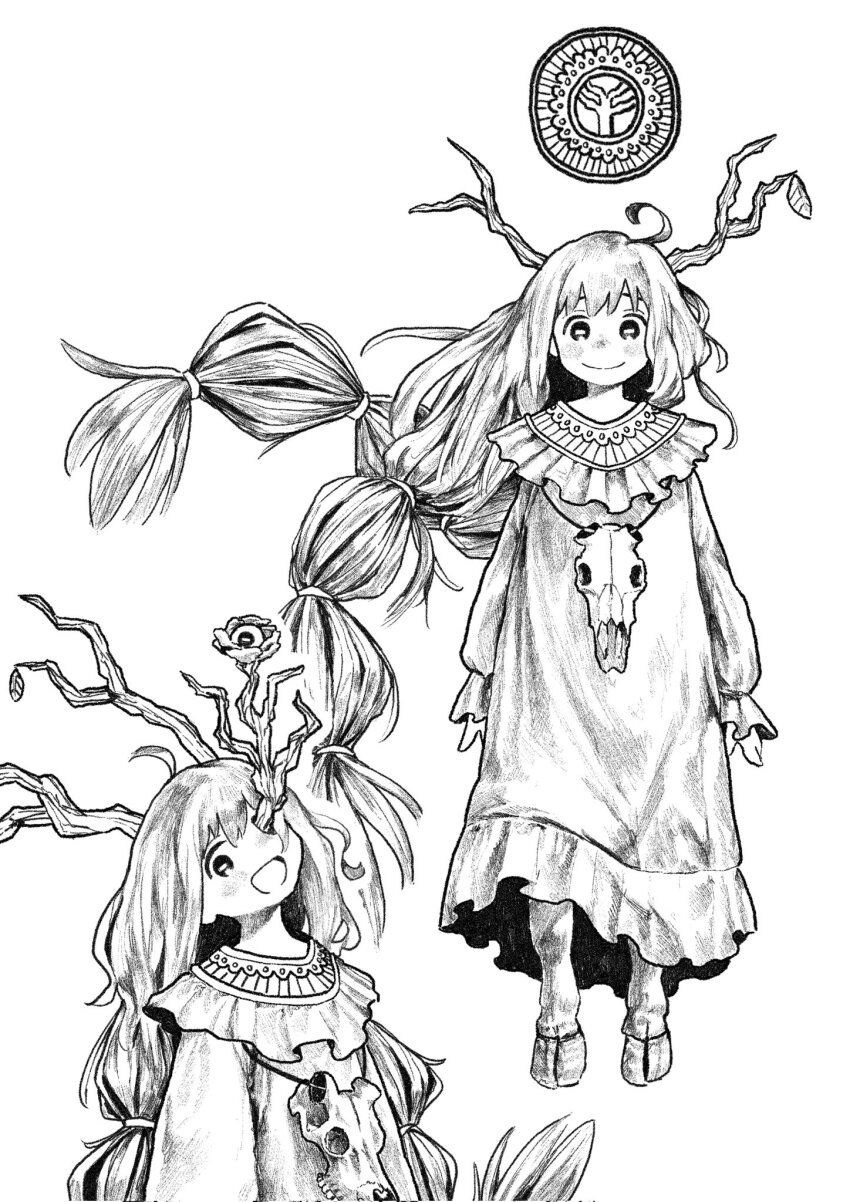 1girl animal_skull animal_skull_ornament branch bulging_eyes dress eye_pop greyscale highres hooves kilsturgeon leaf long_hair monochrome monster_girl open_mouth original plant_girl simple_background white_background white_dress