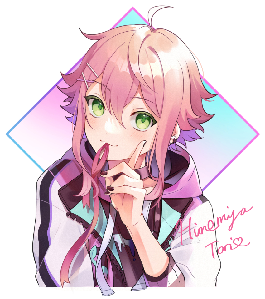 1boy ahoge androgynous bishounen black_nails character_name cropped_torso diamond_(shape) double-parted_bangs ensemble_stars! green_eyes green_pupils hair_between_eyes hand_up head_tilt highres himemiya_tori male_focus nail_polish pink_hair pointing portrait shino_(sinotaro_) simple_background three-quarter_sleeves solo white_background