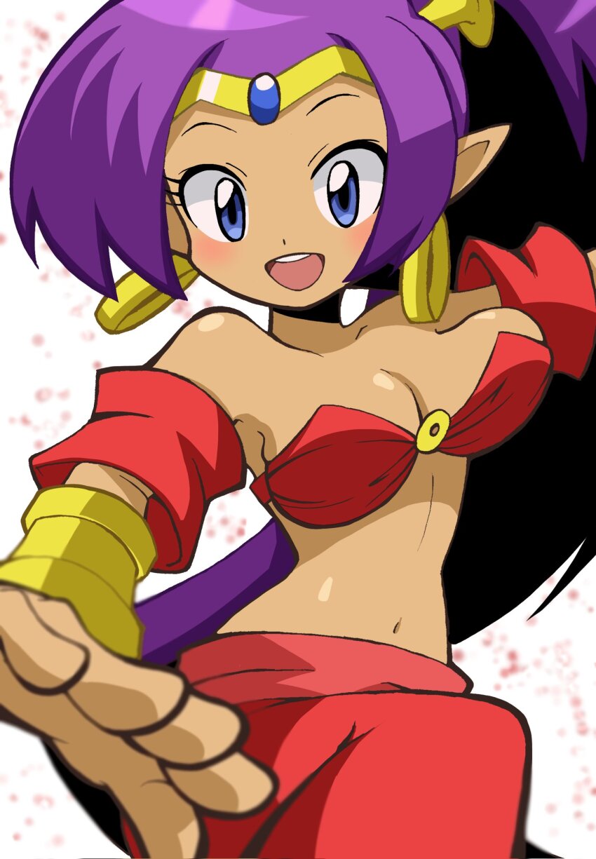 1girl armpit_peek bandeau blue_eyes breasts cleavage dark-skinned_female dark_skin emapippi highres large_breasts leg_lift legs long_hair looking_at_viewer midriff navel open_mouth pants ponytail purple_hair shantae shantae_(series) smile solo teeth thighs tongue