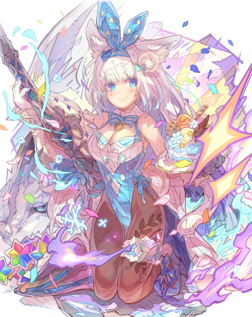 1girl animal_ear_fluff animal_ears axe battle_axe blue_eyes blue_leotard blush breasts brown_pantyhose cake cat_ears cat_girl cat_tail detached_collar dobrynya_nikitich_(fate) dragon fate/grand_order fate_(series) food hairband haku_(sabosoda) highleg highleg_leotard highres large_breasts leotard long_hair looking_at_viewer low_ponytail pantyhose plate smile solo tail thighs weapon white_hair