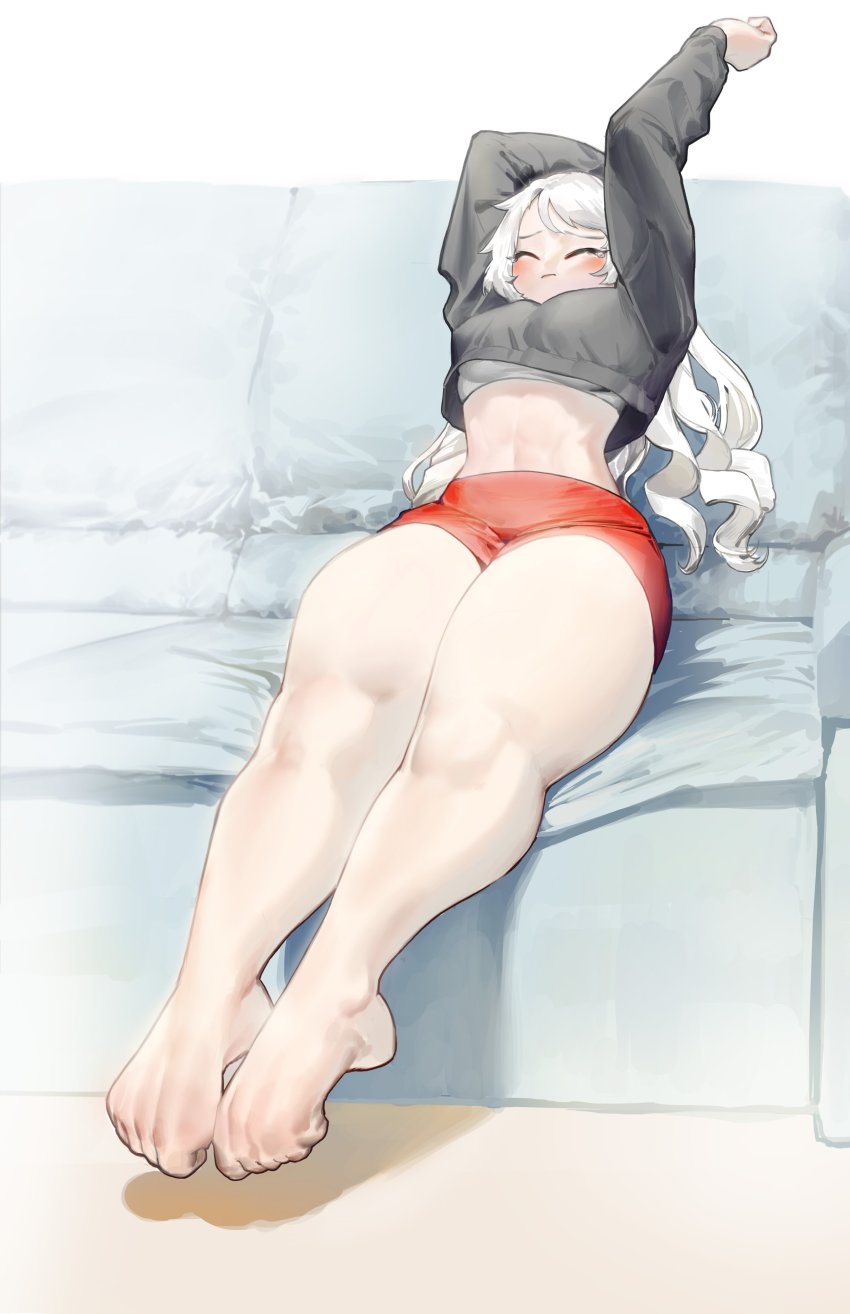 1girl absurdres blush bra couch feet ghdwid grey_shirt highres crop_top red_shorts shirt shorts stretching thick_thighs thighs underwear white_hair