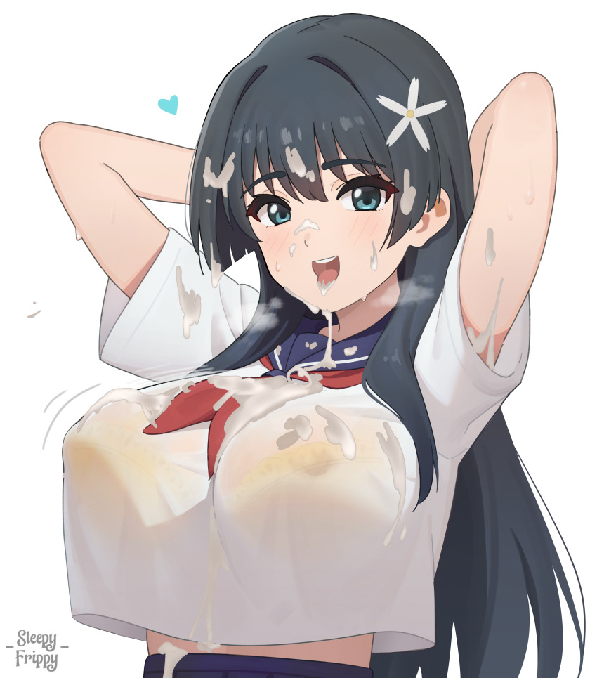 1girl :d absurdres alternate_breast_size arms_behind_head black_hair blue_eyes blue_sailor_collar bra_visible_through_clothes breasts cum cum_on_clothes cum_on_hair facial flower hair_flower hair_ornament highres huge_breasts long_hair neckerchief open_mouth red_neckerchief sailor_collar sakugawa_school_uniform saten_ruiko school_uniform serafuku shirt shirt_overhang short_sleeves sleepy_frippy smile solo toaru_kagaku_no_railgun toaru_majutsu_no_index tongue tongue_out upper_body white_shirt