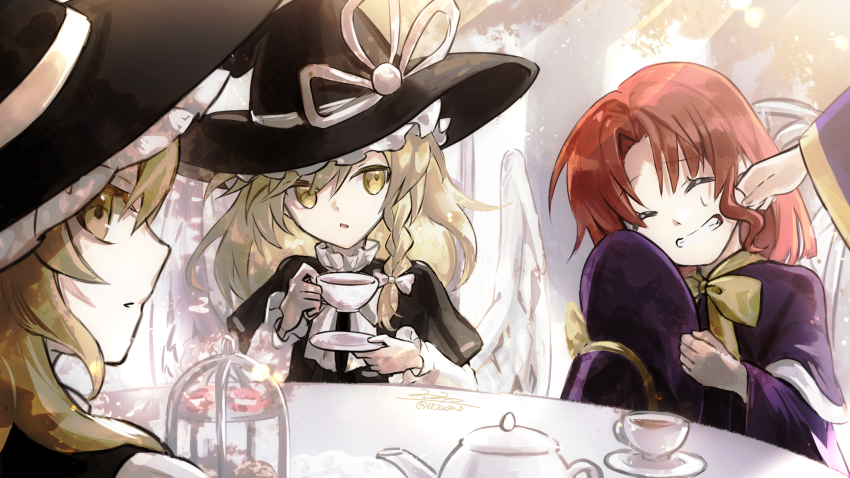 4girls black_capelet black_hat blonde_hair capelet character_request cup hat highres kirisame_marisa kirisame_marisa_(pc-98) kirisame_marisa_(seihou) looking_at_viewer looking_back multiple_girls purple_capelet purple_hat red_hair rokuya_(68_zusao) seihou tea teapot tiered_tray touhou touhou_(pc-98) yellow_eyes