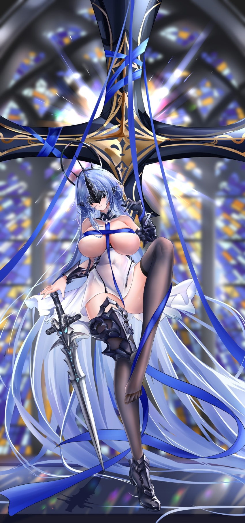 1girl absurdly_long_hair absurdres alsace_(azur_lane) armored_boots armored_legwear azur_lane bare_shoulders belt between_breasts black_belt black_gloves black_nails black_thighhighs black_tiara blue_hair blue_ribbon boots breast_strap breastless_clothes breasts chinese_commentary cleavage closed_mouth collarbone commentary_request covered_eyes covered_navel cross detached_collar dress elbow_gloves eye_mask full_body gauntlets gloves halo halo_behind_head hand_up headgear highres holding holding_sword holding_weapon iue_(artist) knee_up large_breasts long_hair mask parted_bangs ribbon shadow sidelocks single_boot single_elbow_glove skindentation solo standing standing_on_one_leg strap_between_breasts sword thighhighs tiara underbust very_long_hair weapon white_dress