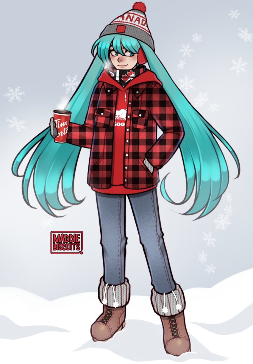 1girl aqua_eyes aqua_hair artist_name beanie boots brown_footwear canada cup flannel full_body gloves grey_gloves grey_pants hand_in_pocket hat hatsune_miku highres holding holding_cup hood hoodie long_hair long_sleeves maddiebiscuits pants plaid_clothes plaid_shirt red_hoodie red_shirt shirt smile snowflakes solo standing twintails very_long_hair vocaloid winter_clothes