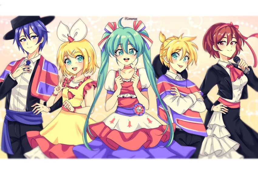 2boys 3girls aqua_eyes aqua_hair black_hat black_jacket blue_eyes blush chile collared_shirt crossed_arms hair_ornament hair_ribbon hairclip hand_on_own_hip hands_up hat hatsune_miku highres holding holding_microphone jacket jewelry kagamine_len kagamine_rin kaito_(vocaloid) limonaa long_hair looking_at_viewer megurine_luka microphone multiple_boys multiple_girls open_mouth pink_ribbon red_eyes ribbon ring shirt short_hair smile twintails very_long_hair vocaloid w white_shirt worldwide_miku