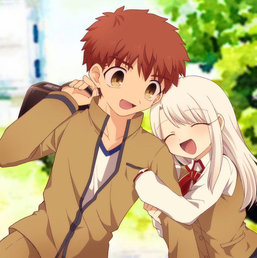 1boy 1girl absurdres arm_up bag blush brother_and_sister closed_eyes emiya_shirou fate_(series) highres holding_another&#039;s_arm illyasviel_von_einzbern long_hair open_clothes open_mouth outdoors red_hair school_bag school_uniform shirt short_hair siblings tree tsubuta_hiro white_hair white_shirt yellow_eyes