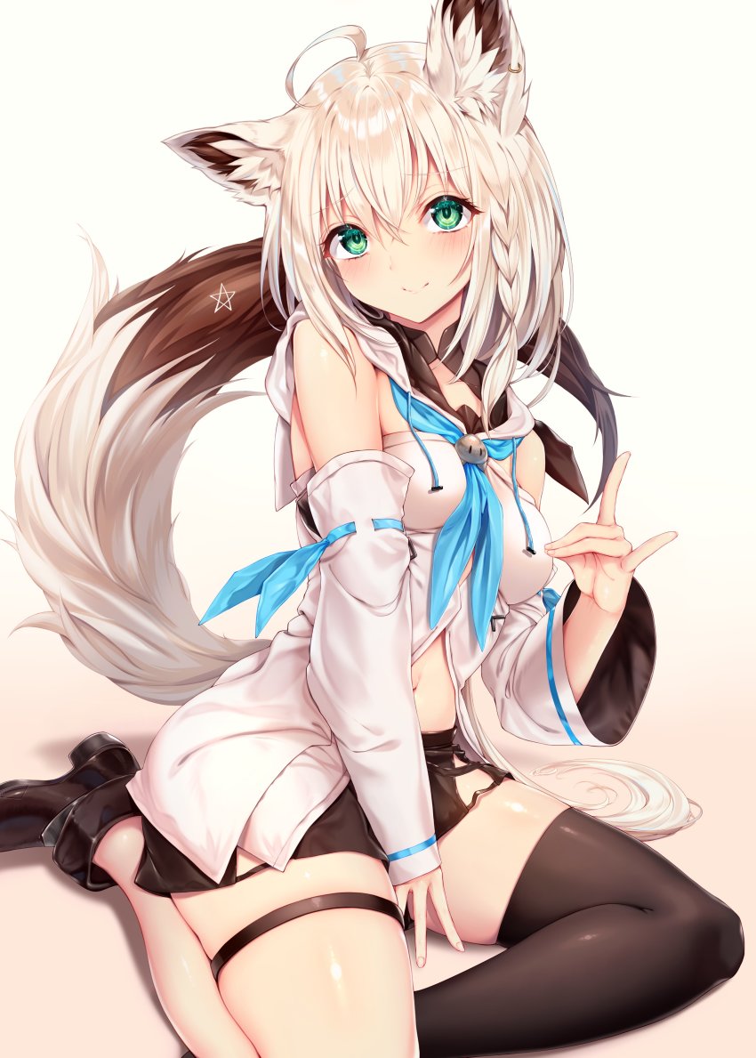 1girl absurdres ahoge animal_ear_fluff animal_ears ankle_boots black_footwear black_thighhighs blue_eyes blush boots braid breasts detached_sleeves fox_ears fox_girl fox_tail green_eyes hair_between_eyes highres hololive long_hair looking_at_viewer navel open_mouth shirakami_fubuki shirakami_fubuki_(1st_costume) sidelocks single_thighhigh sitting smile solo star_(symbol) sukemyon tail thigh_strap thighhighs virtual_youtuber white_hair yokozuwari