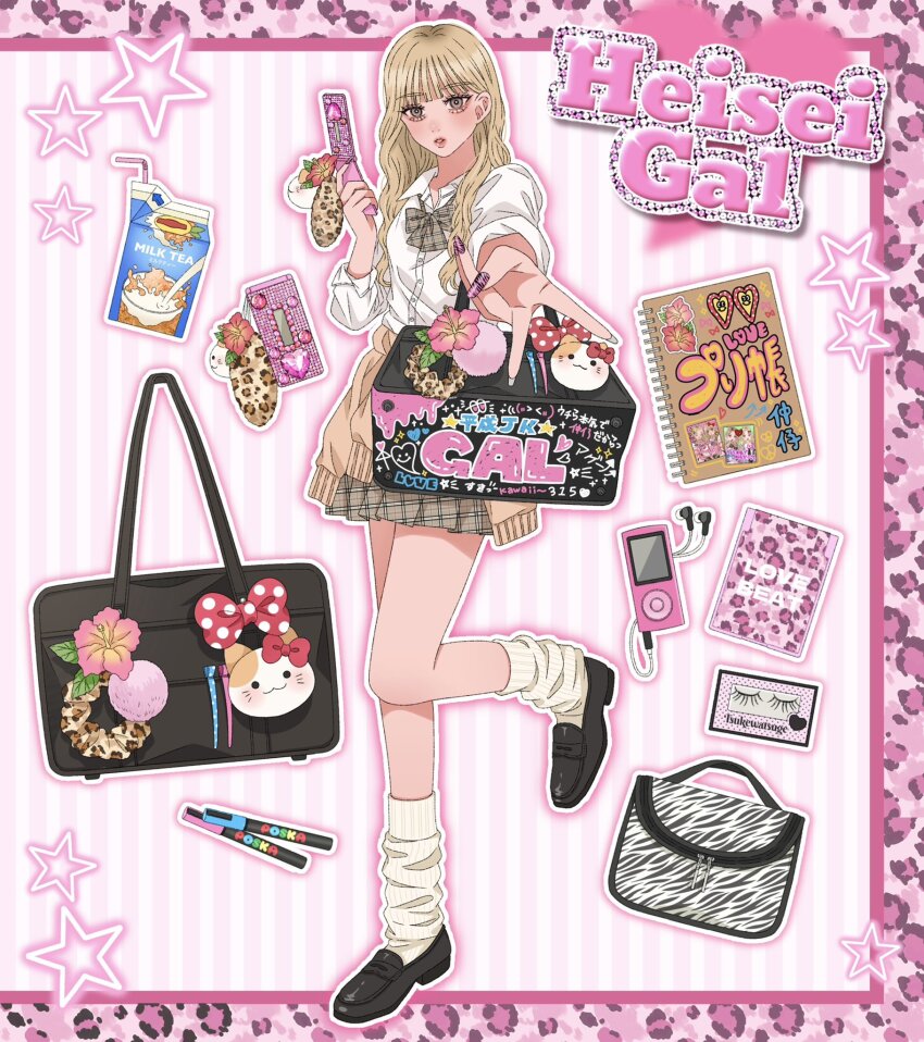 1girl aegyo_sal animal_print asuka_(a20_suka002018) bag bag_charm black_footwear blonde_hair blush bow bowtie brown_eyes cellphone cellphone_charm charm_(object) commentary_request decoden digital_media_player flip_phone flower full_body gyaru gyaru_v handbag heisei heisei_retro hibiscus highres holding holding_phone ipod ipod_nano kogal long_hair looking_at_viewer loose_socks original phone rhinestone school_bag school_uniform shoes socks solo tan v zebra_print