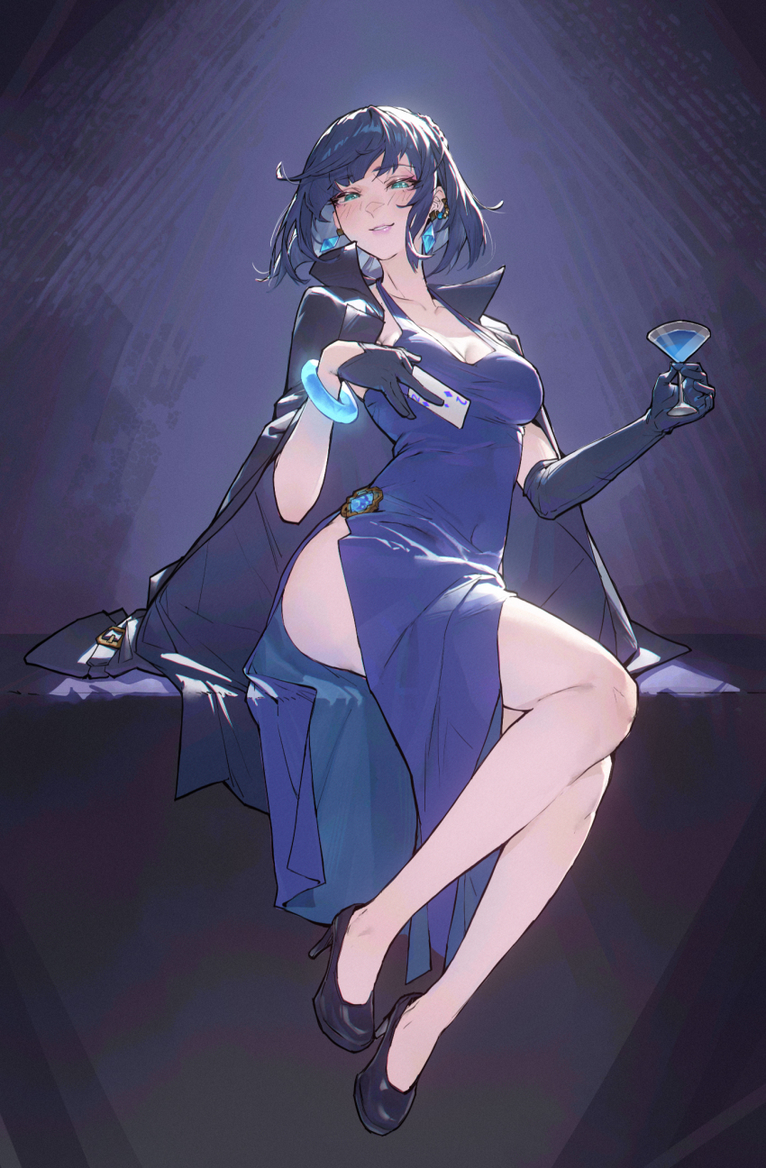 asymmetrical_gloves blue_dress bracelet card coat coat_on_shoulders cocktail_glass crystal_earrings cup dress drinking_glass earrings genshin_impact gloves green_eyes han_keshi_chao_mang_de high_heels highres jewelry photoshop_(medium) playing_card short_hair side_slit sitting smile yelan_(genshin_impact)