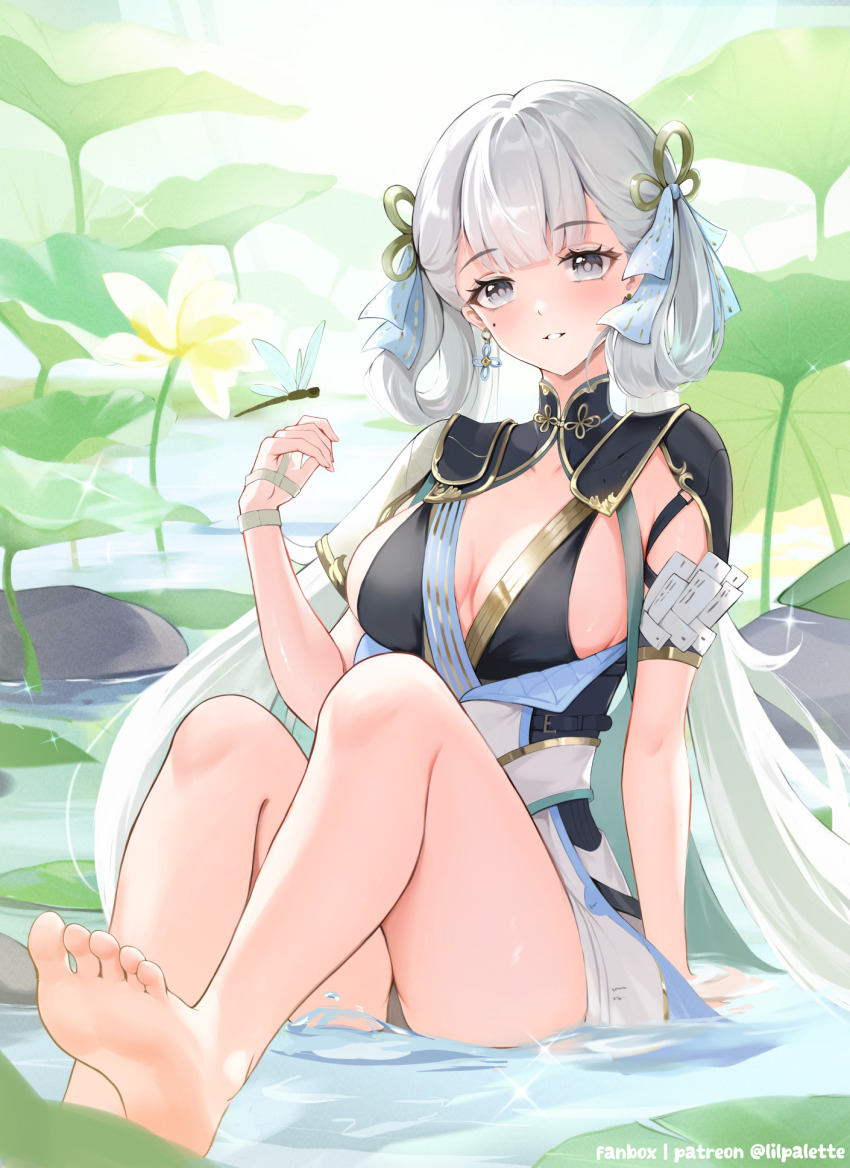 1girl barefoot breasts collarbone flower green_eyes hair_ornament highres jinhsi_(wuthering_waves) lilpalette long_hair looking_at_viewer medium_breasts shirt sitting soles solo very_long_hair water white_shirt wuthering_waves