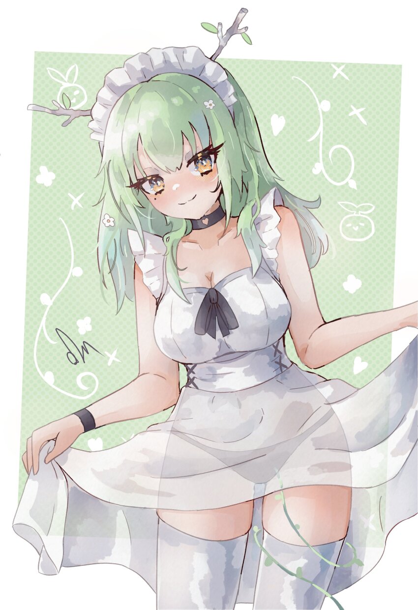 1girl absurdres alternate_costume black_choker blush branch breasts ceres_fauna choker clothes_lift cowboy_shot ddrawins dress flower frills green_background green_hair hair_flower hair_ornament heart heart_choker highres hololive hololive_english horns large_breasts long_hair looking_at_viewer maid_headdress plant sapling_(ceres_fauna) see-through_clothes signature skirt skirt_lift smile thighhighs vines virtual_youtuber white_background white_dress white_thighhighs yellow_eyes