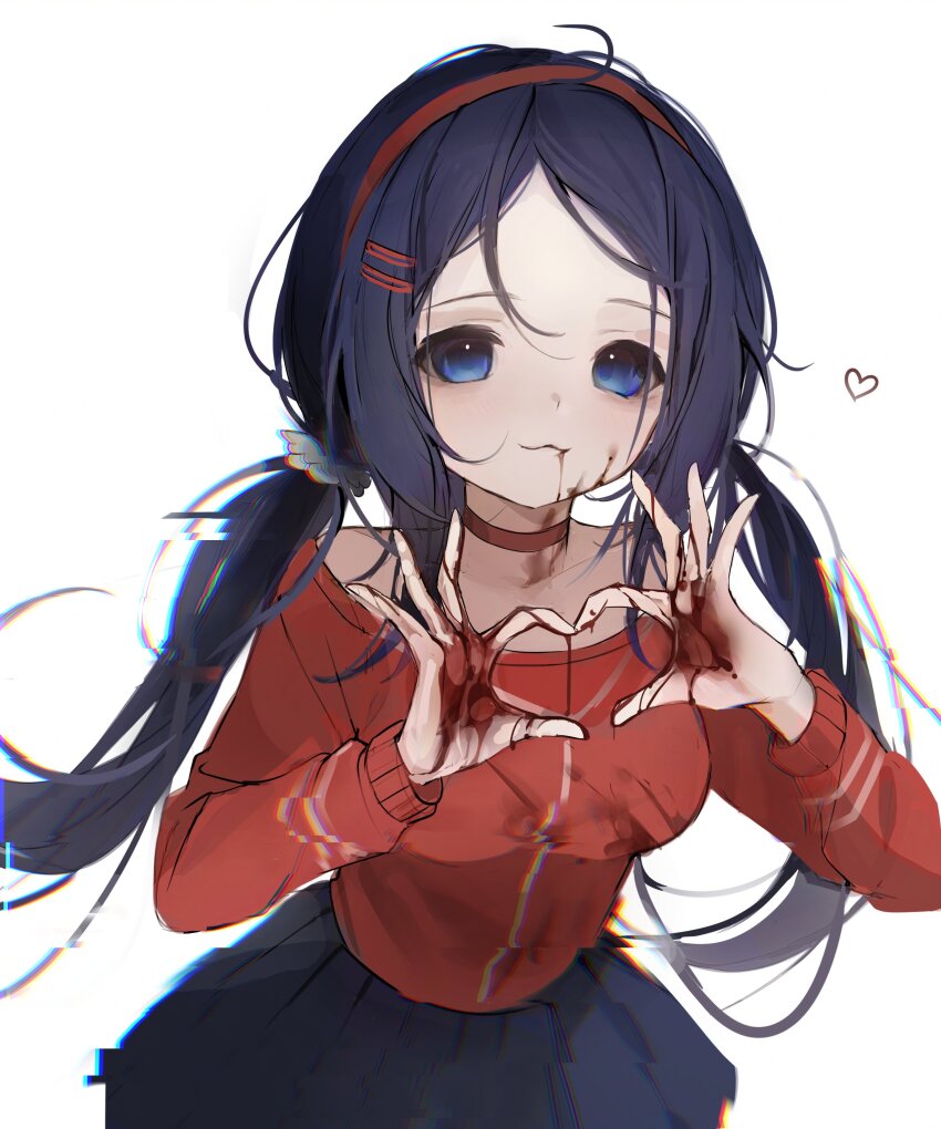 1girl 4-finger_heart_hands absurdres blood blood_on_face blood_on_hands blue_eyes blue_hair blue_skirt hair_ornament hairband hairclip heart heart_hands highres iwaly404 looking_at_viewer low_twintails miside mita_(miside) neck_ribbon off-shoulder_sweater off_shoulder red_hairband red_ribbon red_sweater ribbon skirt sweater twintails ultra_d3spair