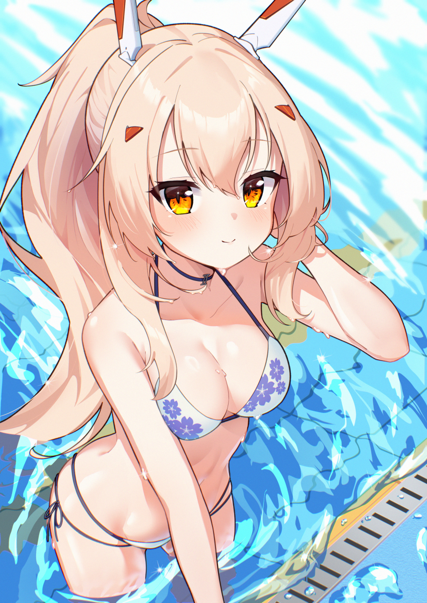 1girl absurdres alternate_costume ayanami_(azur_lane) ayanami_(retrofit)_(azur_lane) azur_lane bikini breasts cleavage floral_print headgear high_ponytail highres light_brown_hair long_hair looking_at_viewer marimo_daifuku medium_breasts multi-strapped_bikini_bottom orange_eyes partially_submerged ponytail pool side-tie_bikini_bottom smile solo swimsuit white_bikini