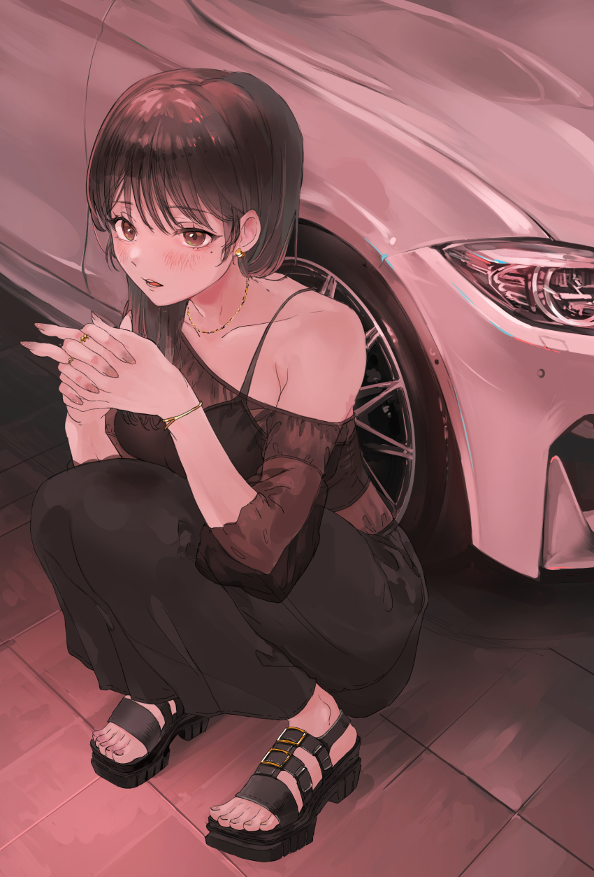 1girl absurdres black_camisole black_footwear black_hair black_skirt bmw bmw_m4 breasts brown_eyes camisole car collarbone commentary_request highres long_hair long_skirt momo_hiki motor_vehicle original skirt solo squatting white_car